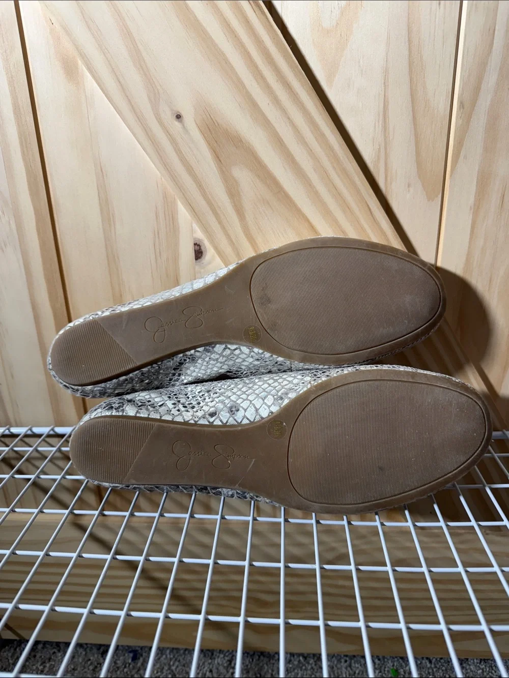 Jessica Simpson Metallic Snake-Print Flats in Beige Silver